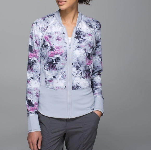 Lululemon If You're Lucky Jacket zip up gray purple Floral bomber Fairycore Sz 8 - Picture 1 of 13
